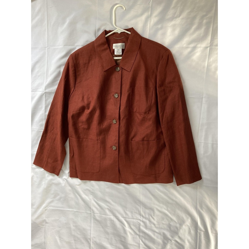 Paradox Jacket Women 20W Brown 100% Linen Button Front Patch Pocket Lined Casual - Picture 6 of 12